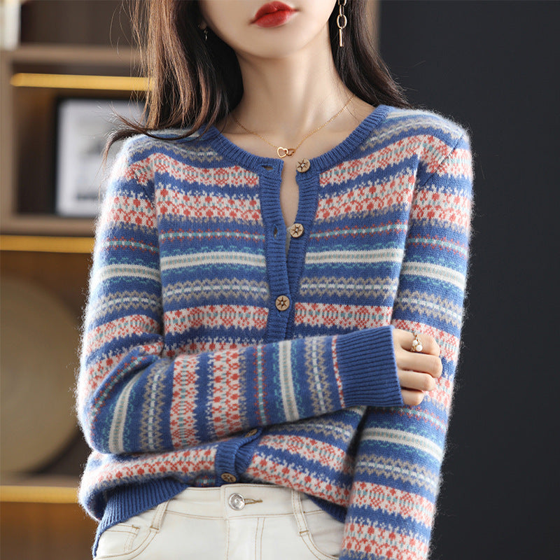 Women's Knitted Cardigan Mixed Color Stripe Contrast Color Jacquard Soft Glutinous Sweater Coat