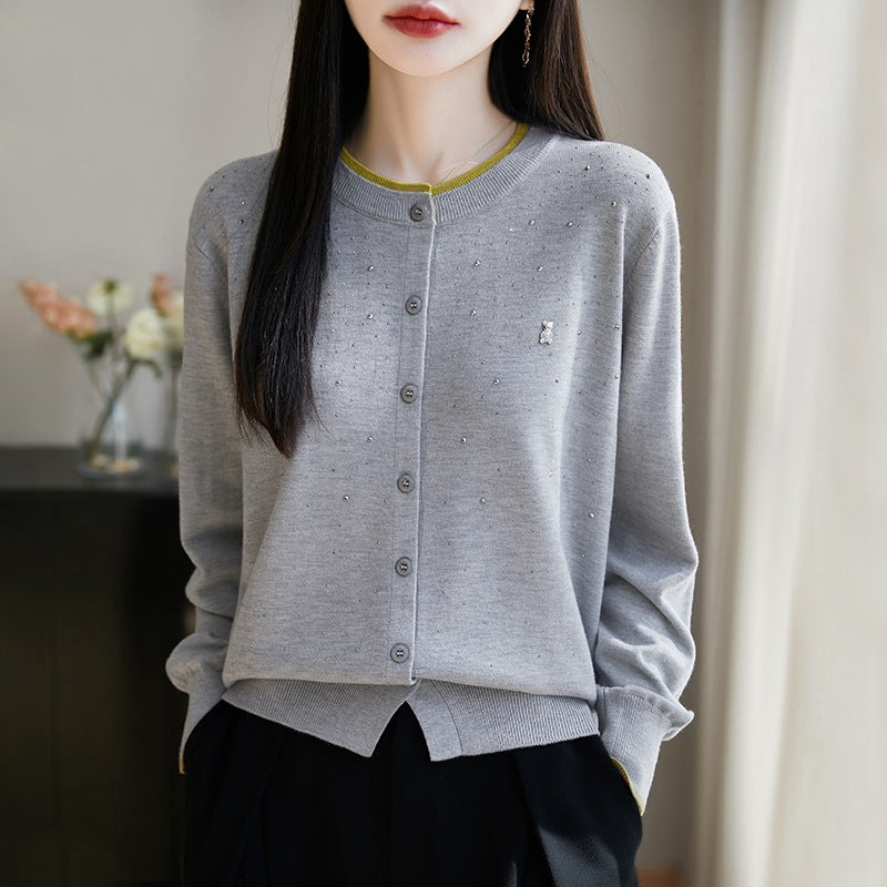 Wool Bear Rhinestone Cardigan Round Neck Long Sleeve Top