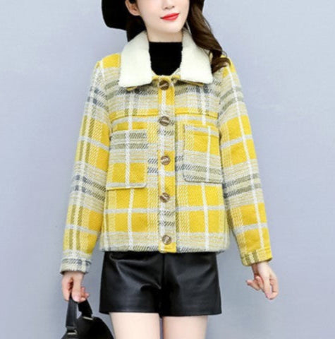 Women's Temperament Tweed And Velvet Thick Plaid Jacket