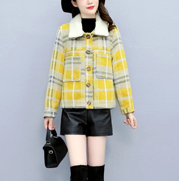 Women's Temperament Tweed And Velvet Thick Plaid Jacket