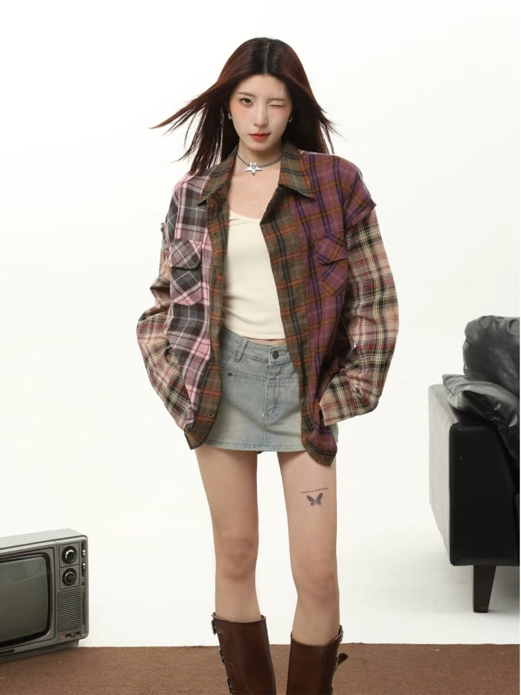 Plaid Shirt For Women Autumn Winter Retro Maillard Style