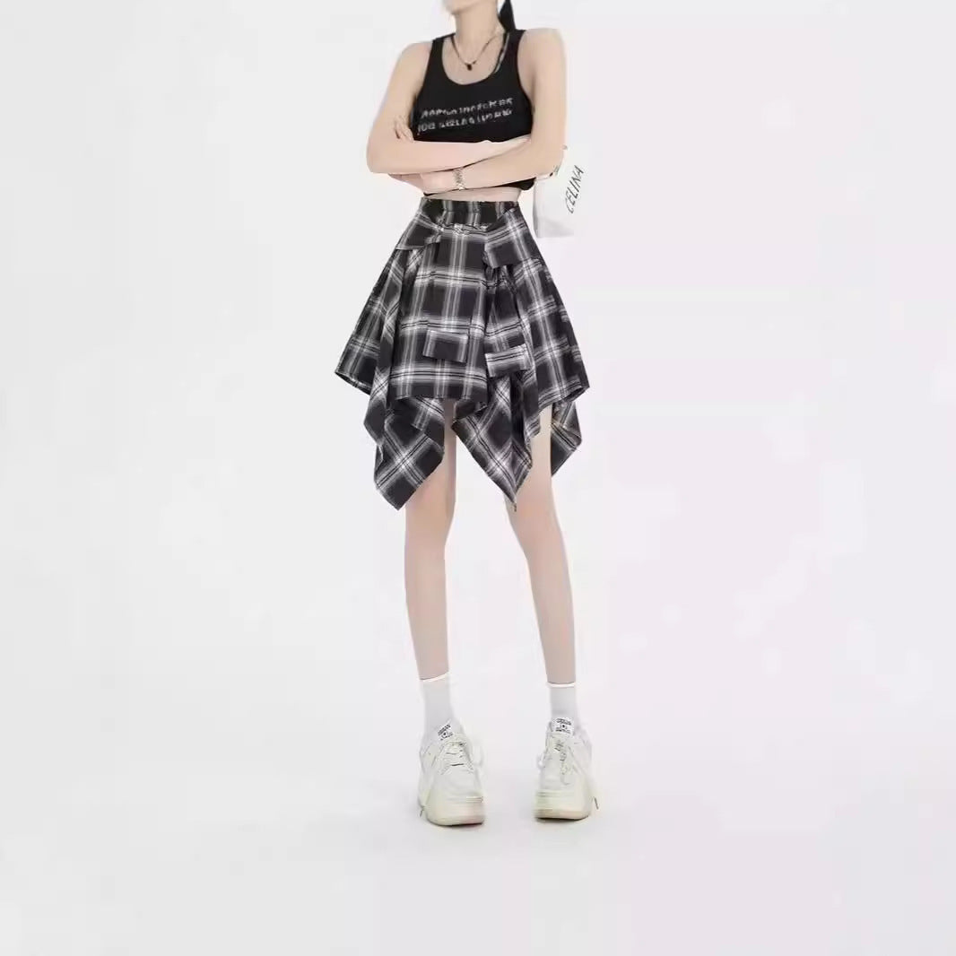 Design Irregular Plaid Women's Neologism Bow Lace Up Casual Sports Skirt