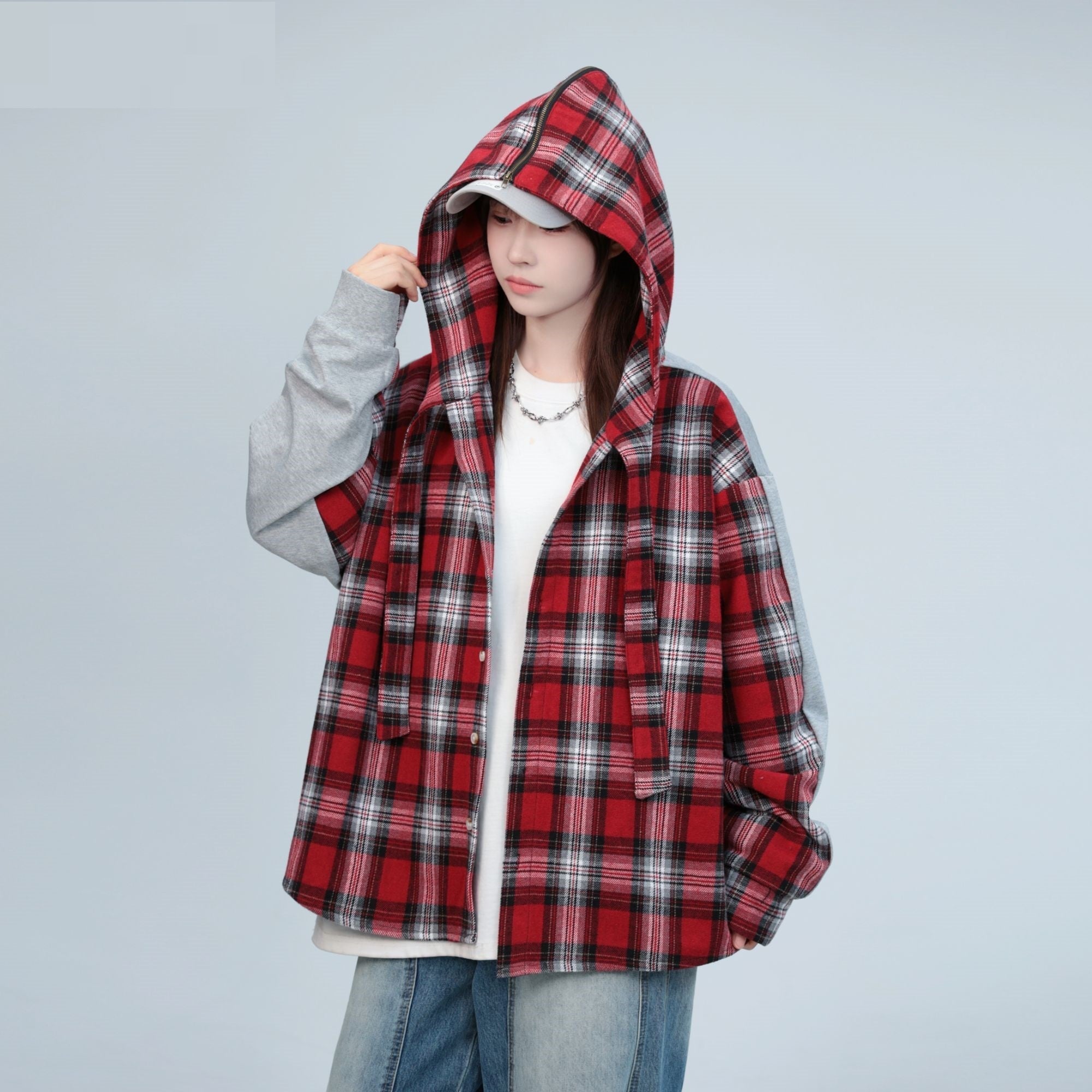 Plaid Stitching Gray Rayon Hooded Cape Shirt