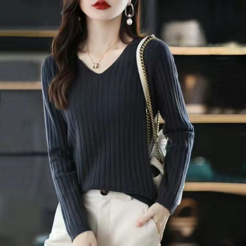 Slim V-neck Pullover Long Sleeve Knitted Sweater