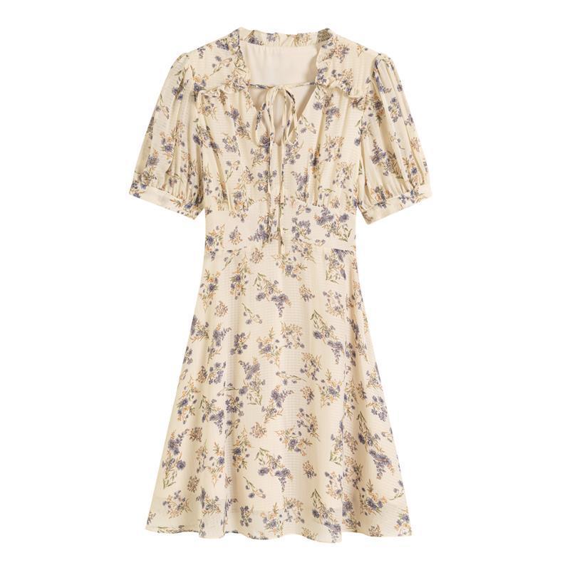 French Puff Sleeves Small Waist Slim A-line Skirt