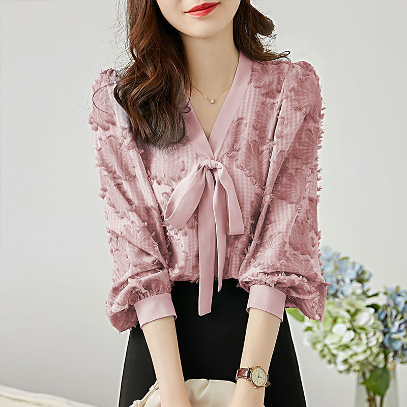Lantern Sleeve Chiffon Shirt Women's Bowknot Loose Slimming Blouse