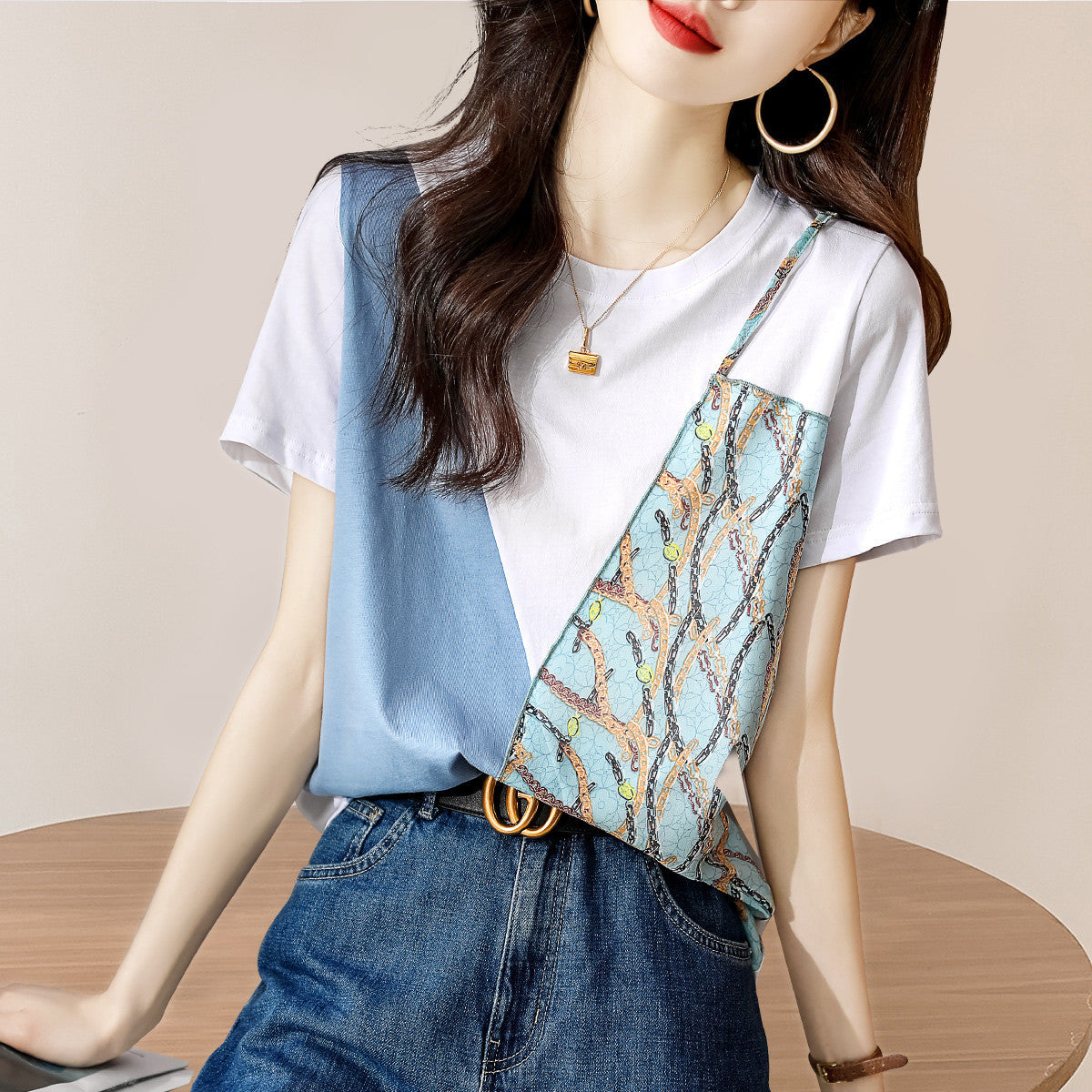 Printed Elegant Stitching Exquisite Commute Minimalist Temperament Crew Neck Short Sleeve