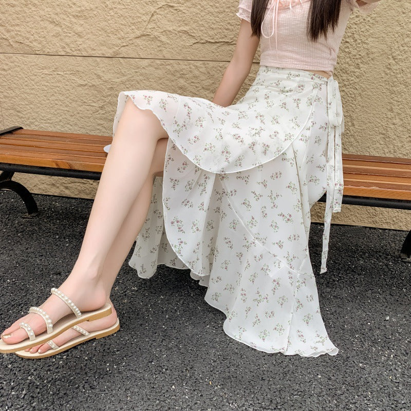 Printed Chiffon Flounced Skirt One Piece Asymmetric Skirt Mid-length