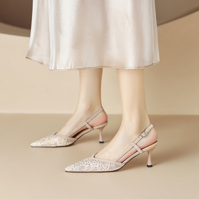 Stiletto Heel Pointed Sandals Mesh Back Empty High Heels