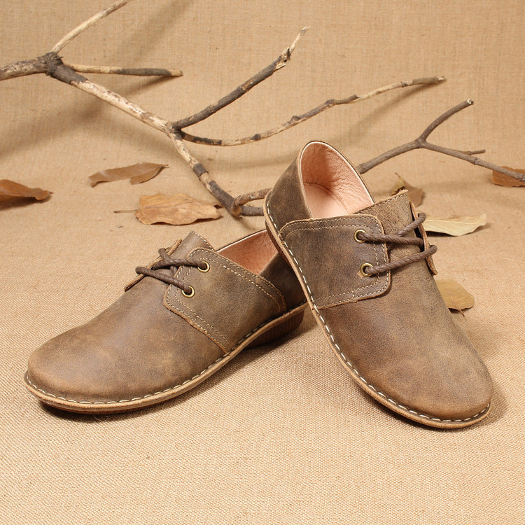 Lace-up Retro Autumn Style Hand-stitched First Layer Cowhide Women's Shoes