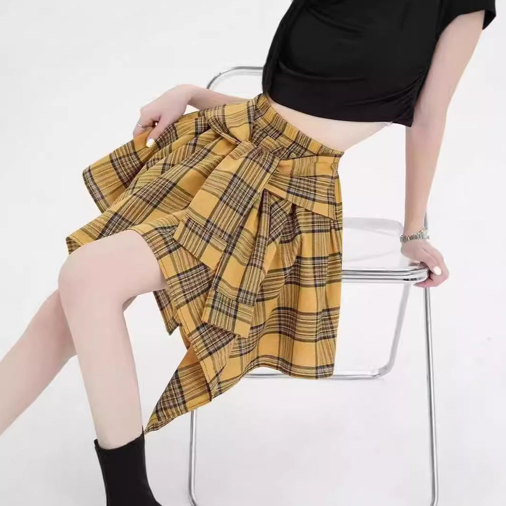 Design Irregular Plaid Women's Neologism Bow Lace Up Casual Sports Skirt