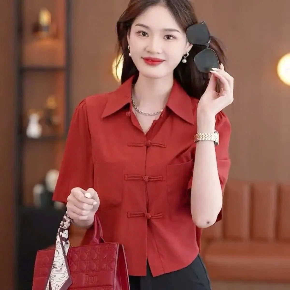 Chinese Style Summer Loose Solid Color Shirt