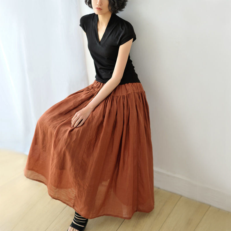 Pure Color Elastic Waist Cotton Ramie Body Pleated Long Skirt Summer Big Swing Skirt