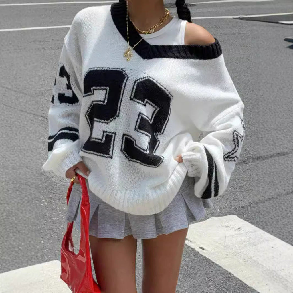 Contrast Color Digital Jacquard Loose-fitting V-neck Long Sleeves Sweater