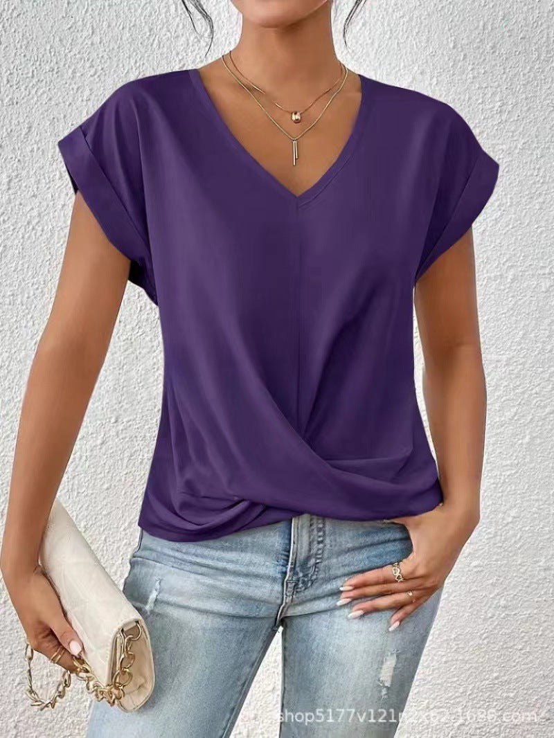 Solid Color V-neck T-shirt Elegant Short Sleeved Top For Spring And Summer Women's Clothing