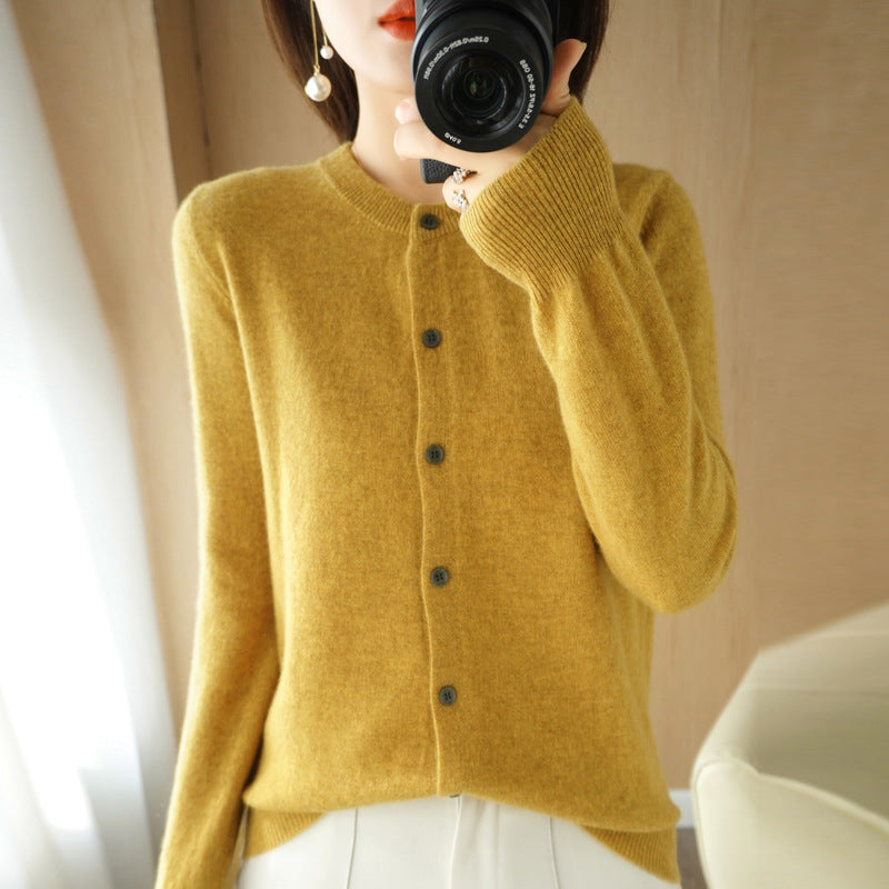 Backed Round Neck Knitted Cardigan Coat For Women