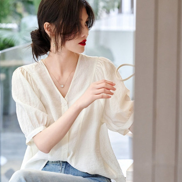 Retro French V-neck Short Sleeve Shirt