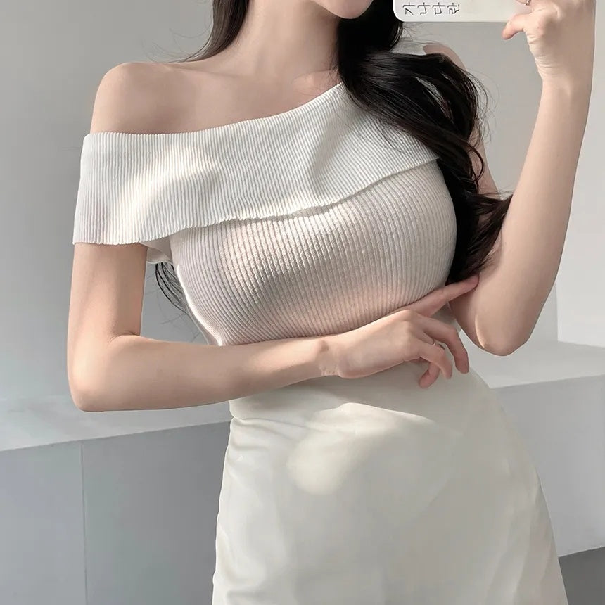 Irregular Off-shoulder Sleeveless Knitwear Solid Color Top