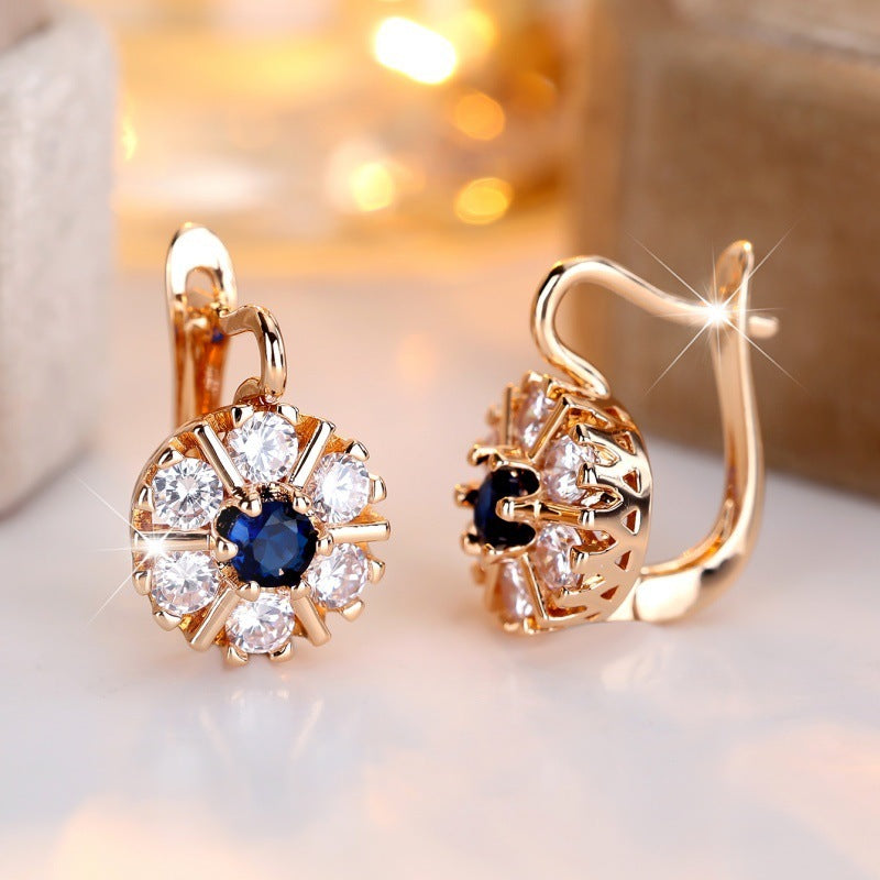 Round White Zircon Sapphire Blue Zircon Flower Basket Earrings