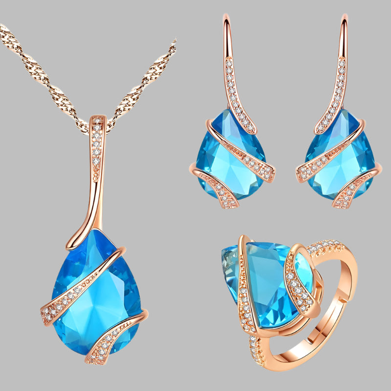 Three-piece Set Colored Gems Set Rings Necklace Earrings