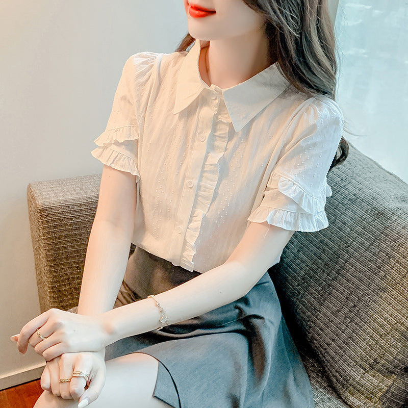 Sweet Design White Shirt For Women Niche Top Ruffled Short Sleeves