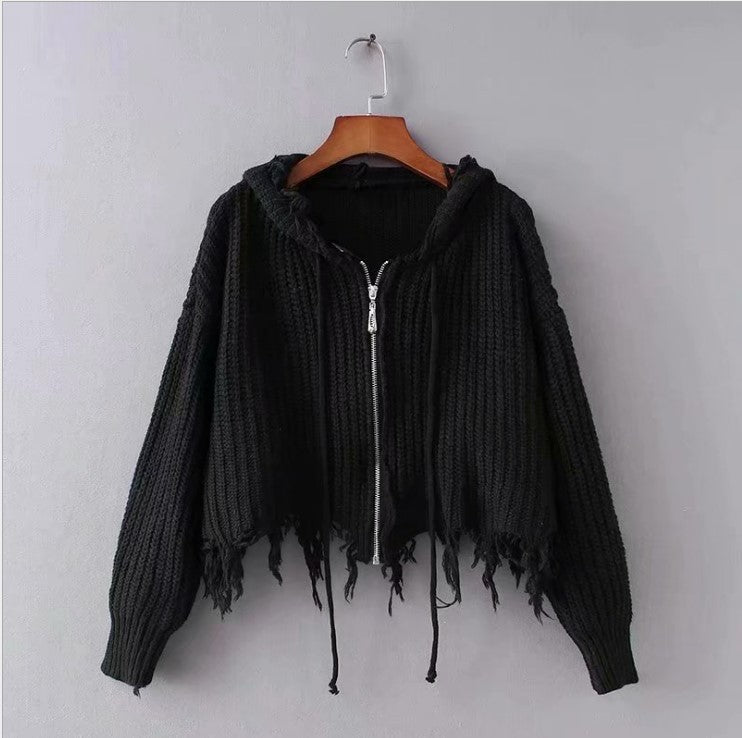 European And American Hooded Tassel Zipper Sweaters Coat