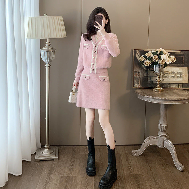 Cardigan Long Sleeve Knitted Two-piece Suit Skirt