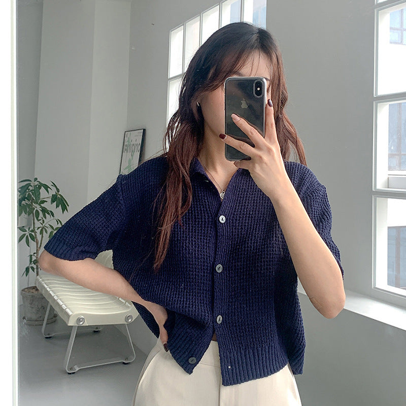 Draping Lapel Cardigan Sweater Solid Color Sweater With Short Sleeves