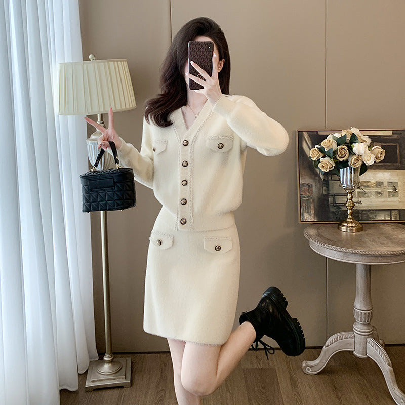 Cardigan Long Sleeve Knitted Two-piece Suit Skirt