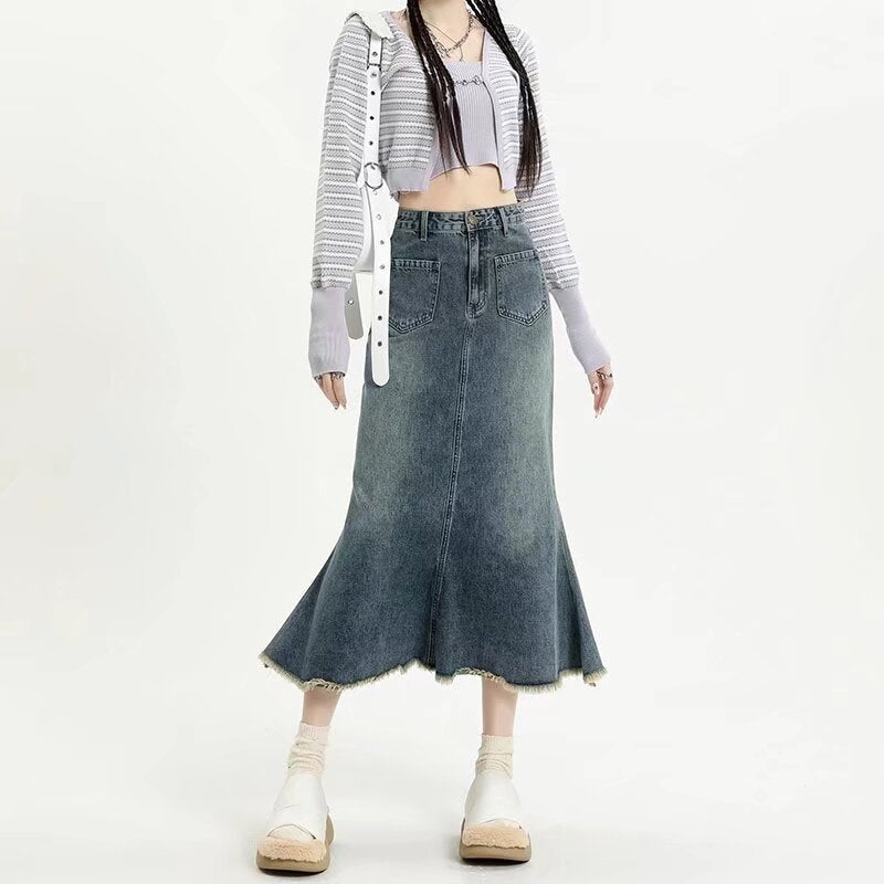 Women's Fashion Retro Raw Edge Denim Skirt