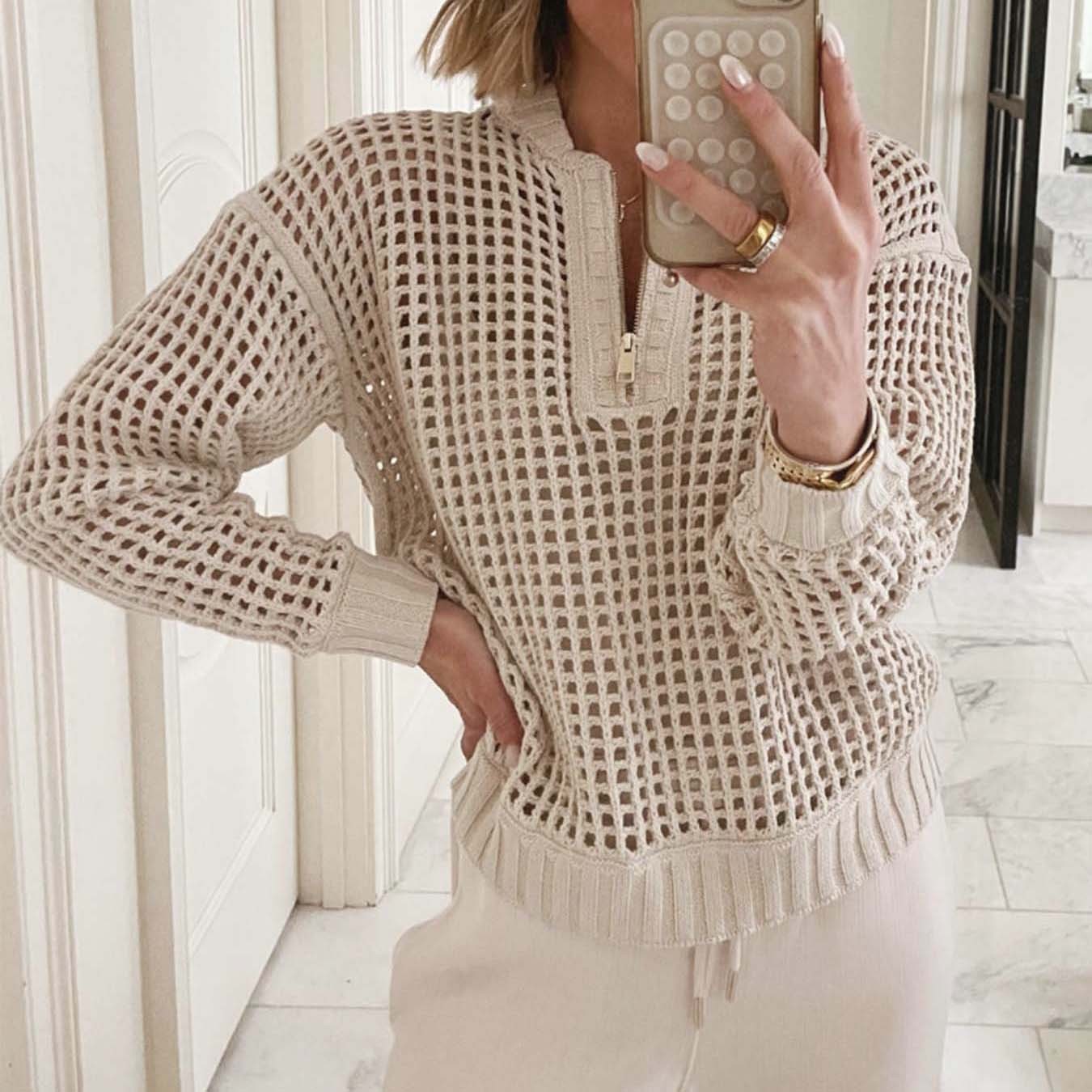 Fashion Women's Wear Pullover Zipper Half Cardigan Hollow Out Sweater