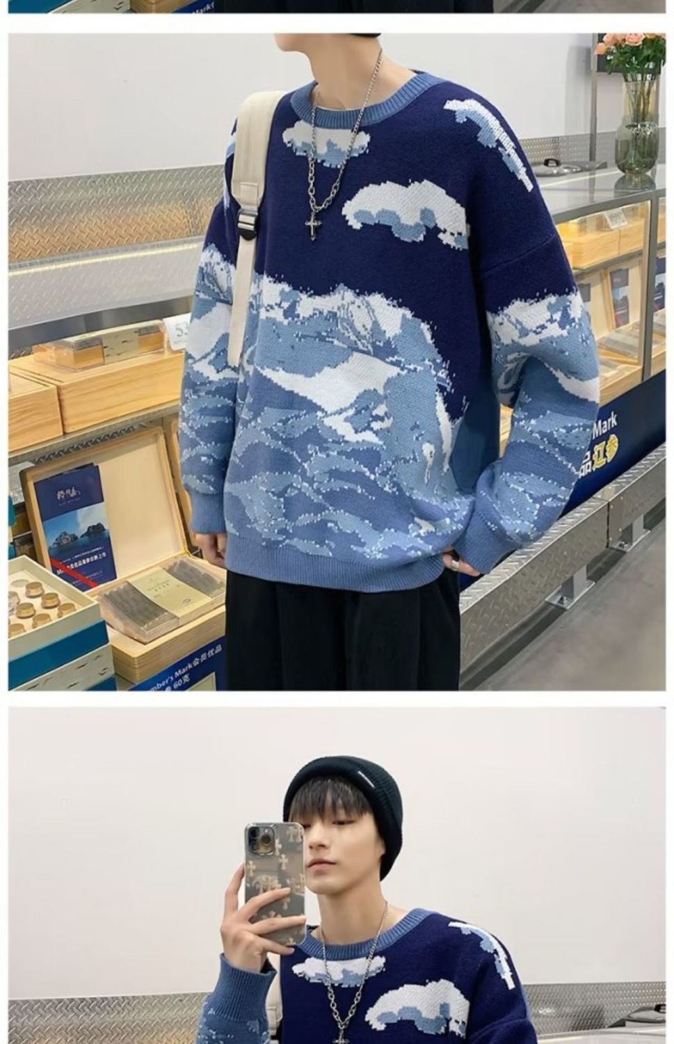 American Fashion Brand Retro Snow Mountain Tie-dye Crew Neck Pullover Sweater