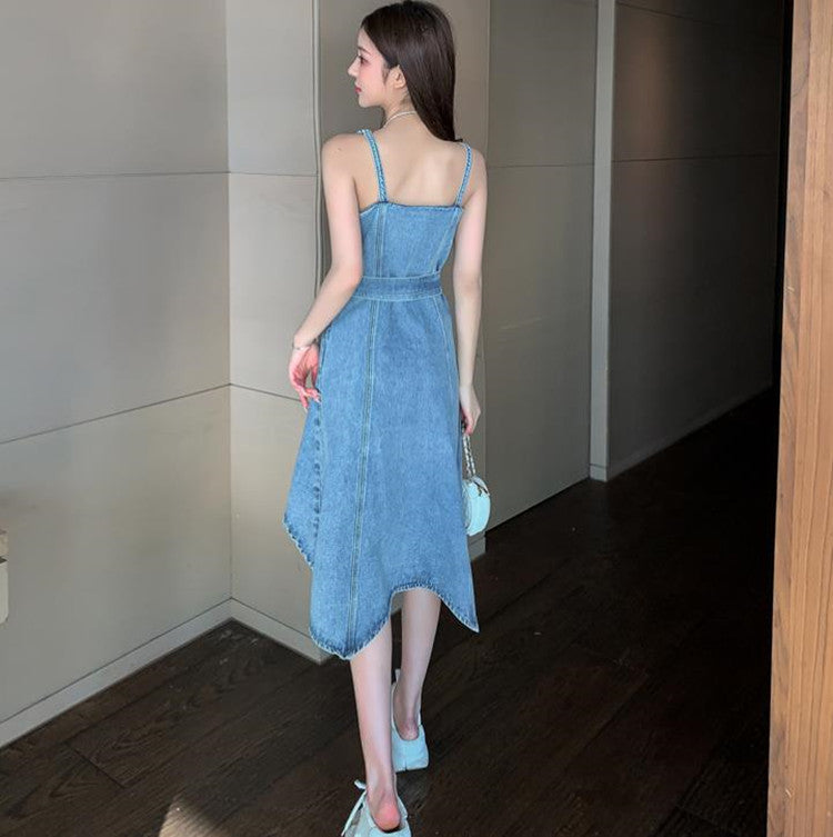 Denim Sling Dress French Vintage Irregular Pearl Buckle