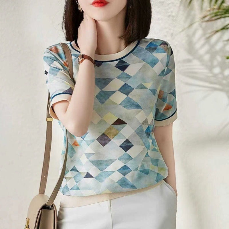 Artificial Silk Loose Slimming Ice Silk Top Printed Chiffon Shirt Fashionable Temperament Short Sleeve T-shirt