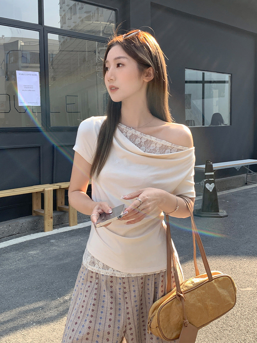 Korean Style Lace Stitching Swing Collar Off-shoulder Short Sleeve T-shirt