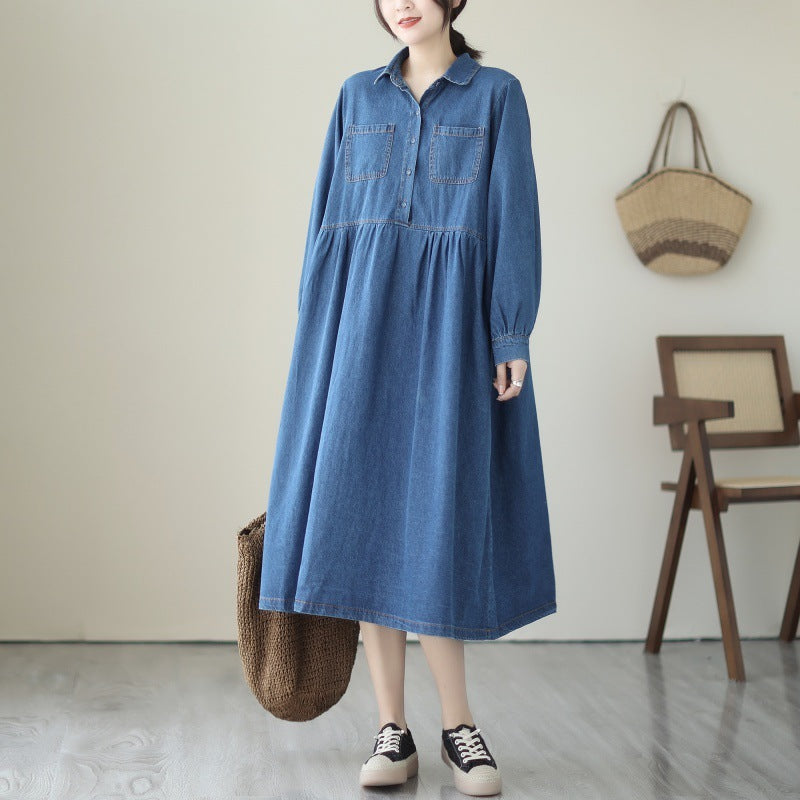 Anti-aging Long Sleeves Denim Mid-length Dress Casual Loose Pullover Doll Collar Denim Skirt