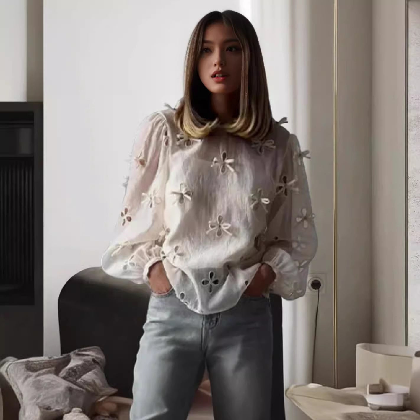 Women's Sling Shirt Hollow Bow Shirt