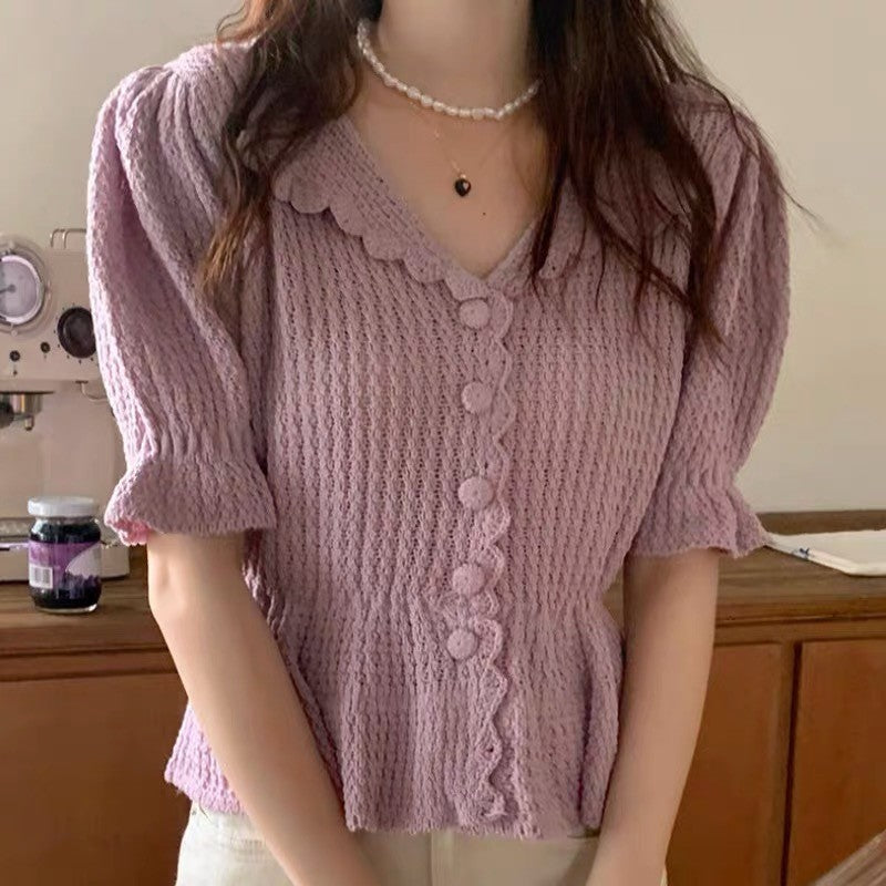 Gentle Romantic Lapel Puff Sleeve Slim Chic Top Crocheted Button Knitted Sweater Cardigan For Women