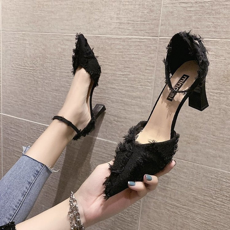 Pointed Toe  Sandals With Thick Heel Buckle