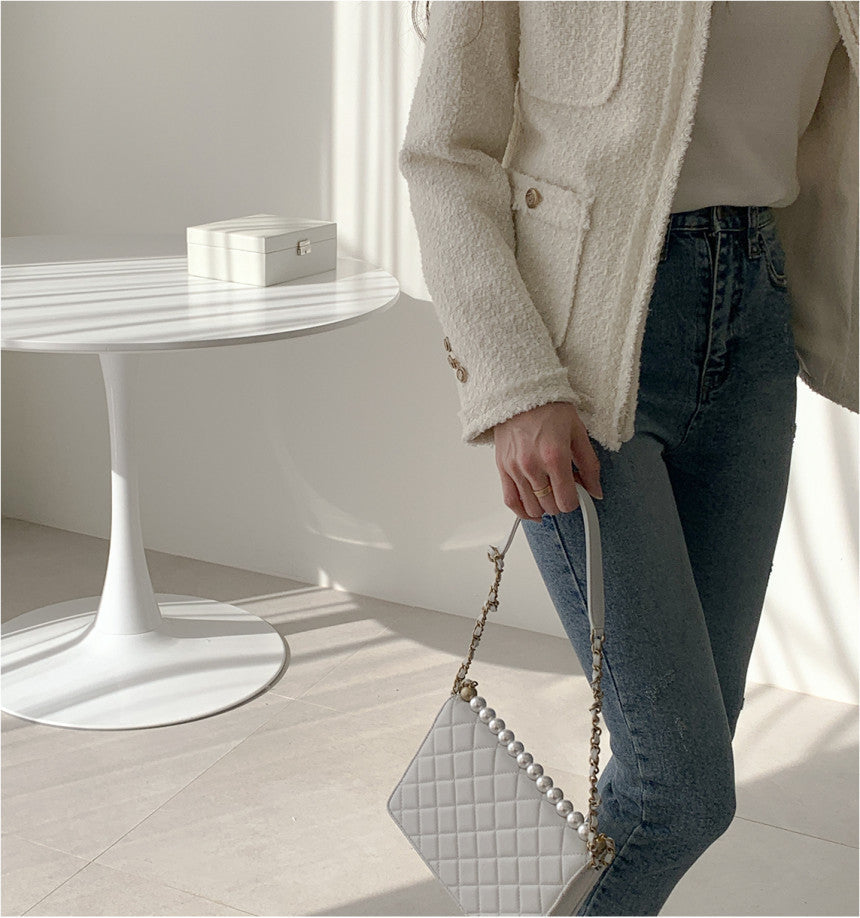 French Temperament Round Neck Multi-pocket Fringed Tweed Short Coat