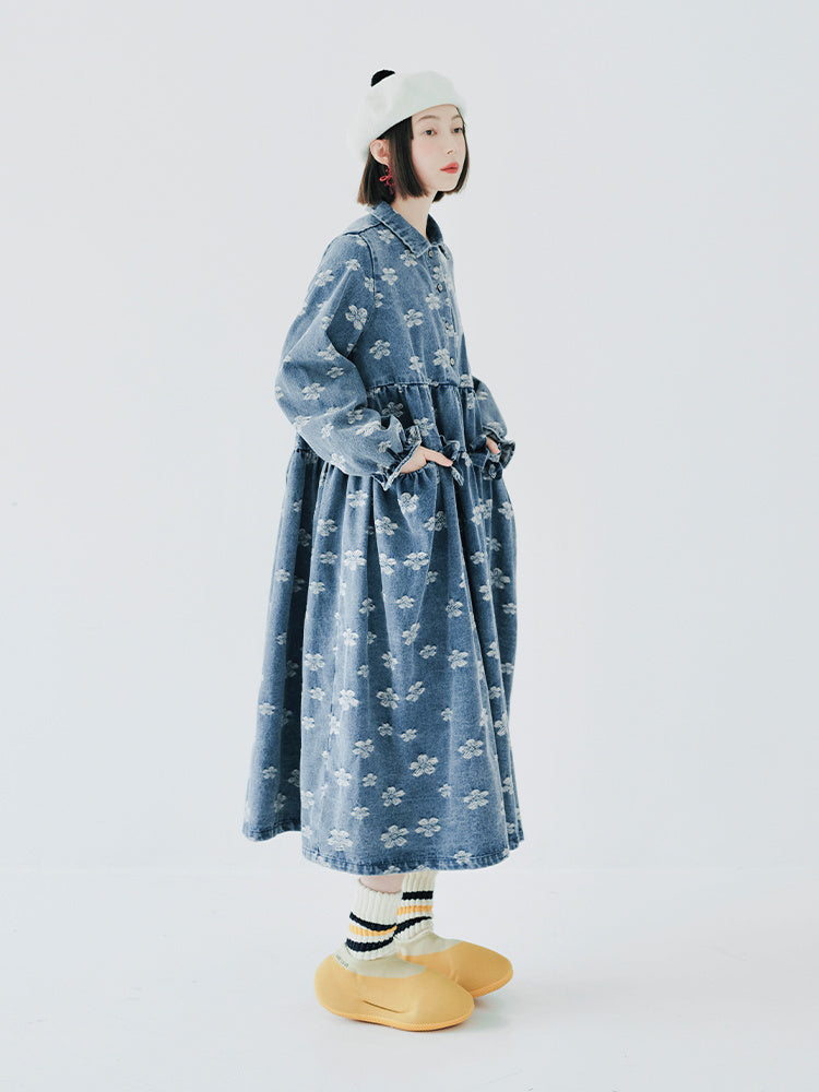 Early Autumn Jacquard Denim Dress Women's Medium Long Bow