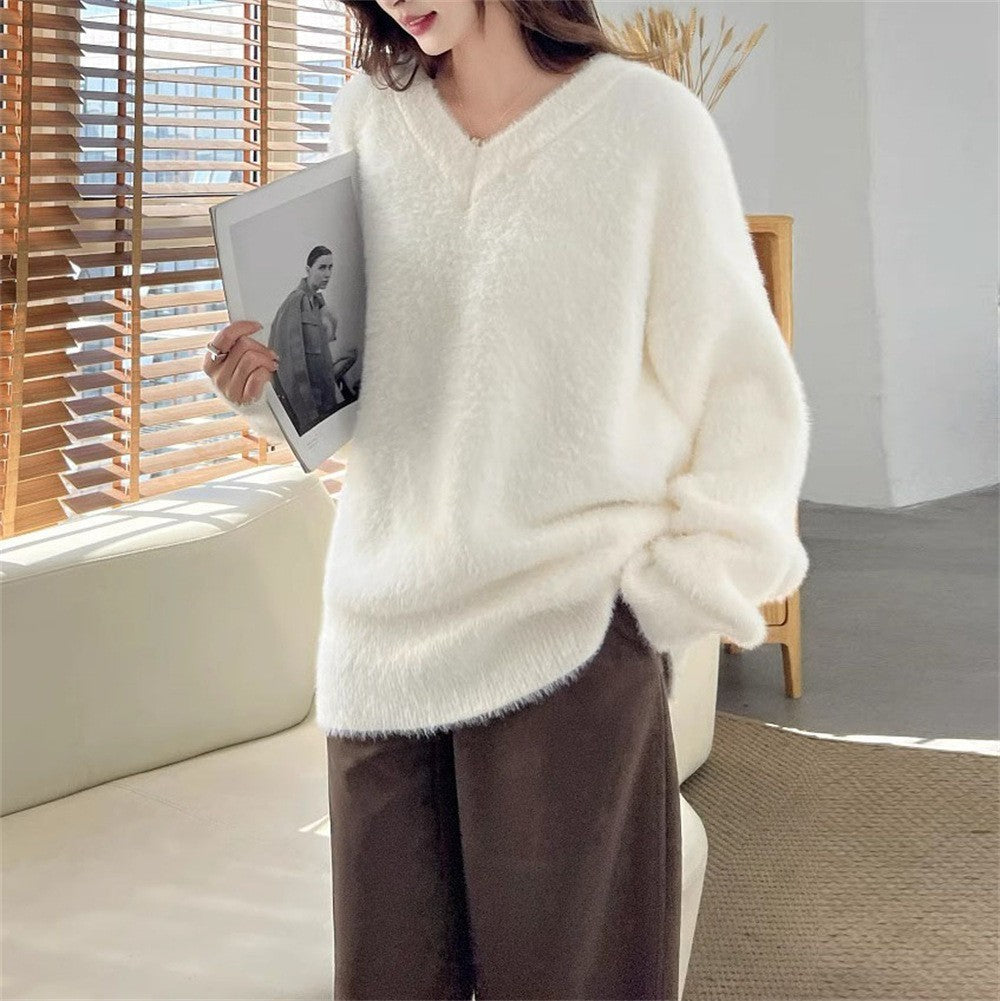 New Gentle Soft Glutinous Sweater Women's V-neck Imitated Mink