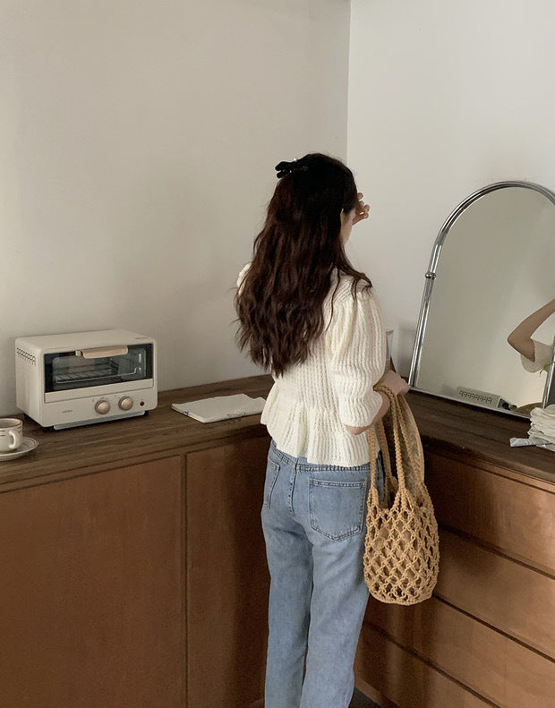 Gentle Romantic Lapel Puff Sleeve Slim Chic Top Crocheted Button Knitted Sweater Cardigan For Women