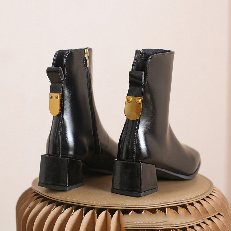 Temperament Female Martin Boots With Thick And Square Toe Heel