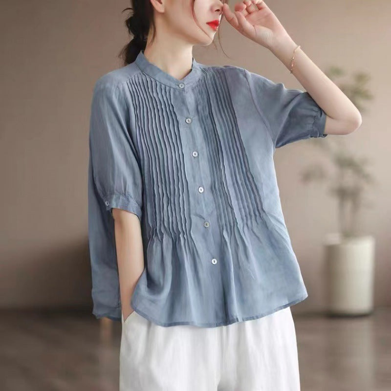 Middle-aged Artistic Retro Women's Cotton And Linen Short-sleeved Shirt