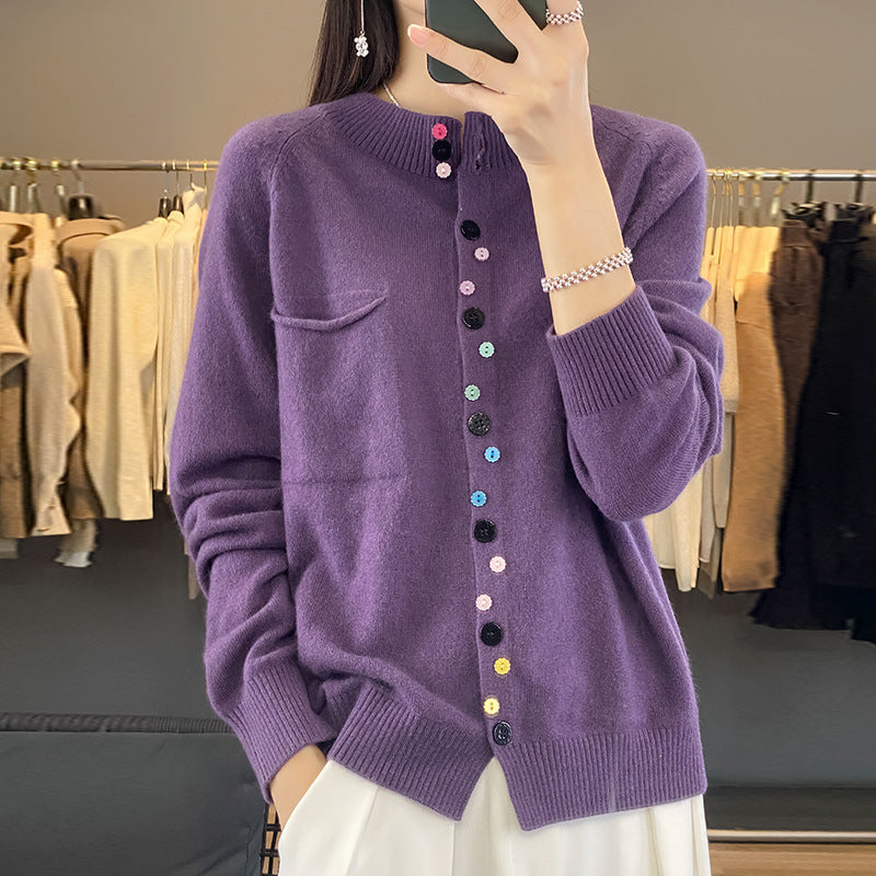 Women's Round Neck Knitted Cardigan With Color Buckle Inner Wear Blouse