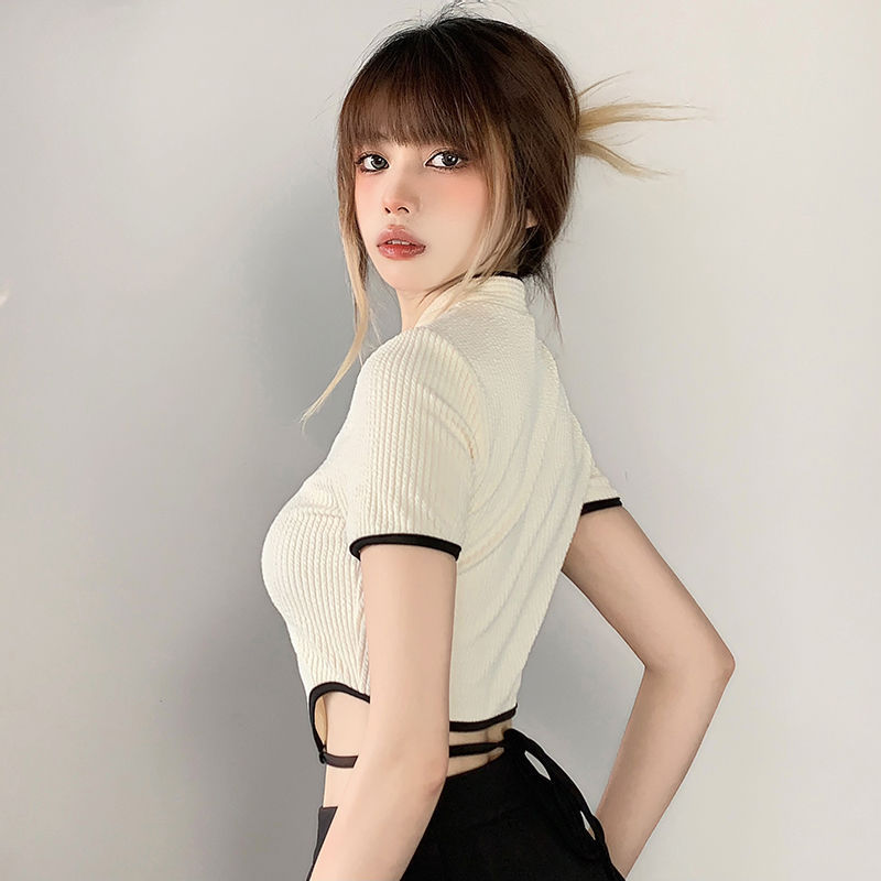 Buckle Stand Collar Texture Irregular Hem Slimming Lace Up High Waist Hot Girl Short T-shirt
