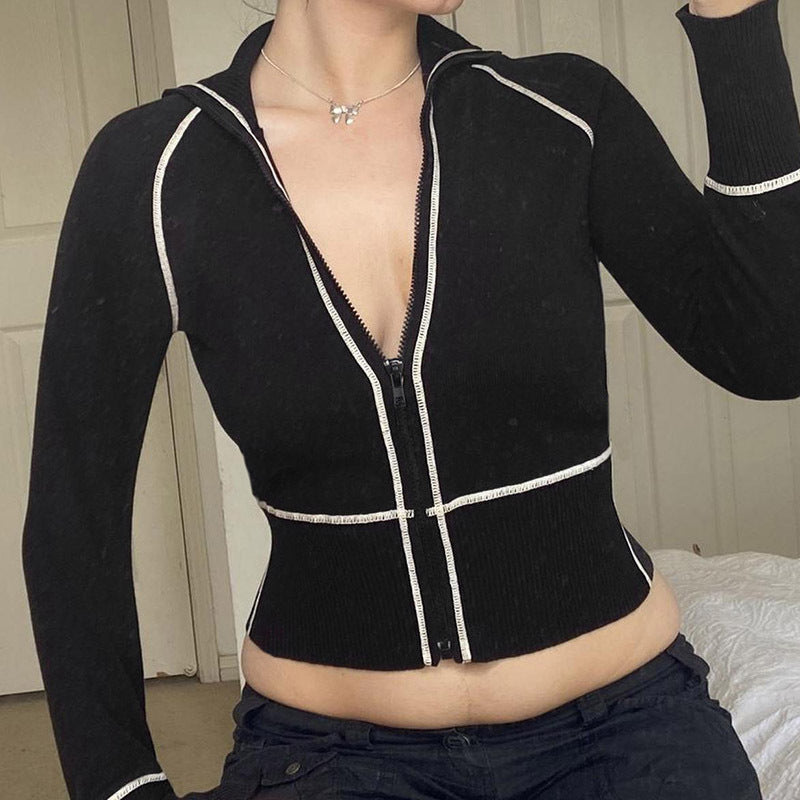 Women's Fashion Casual Contrast Color Zipper Tight Long Sleeve