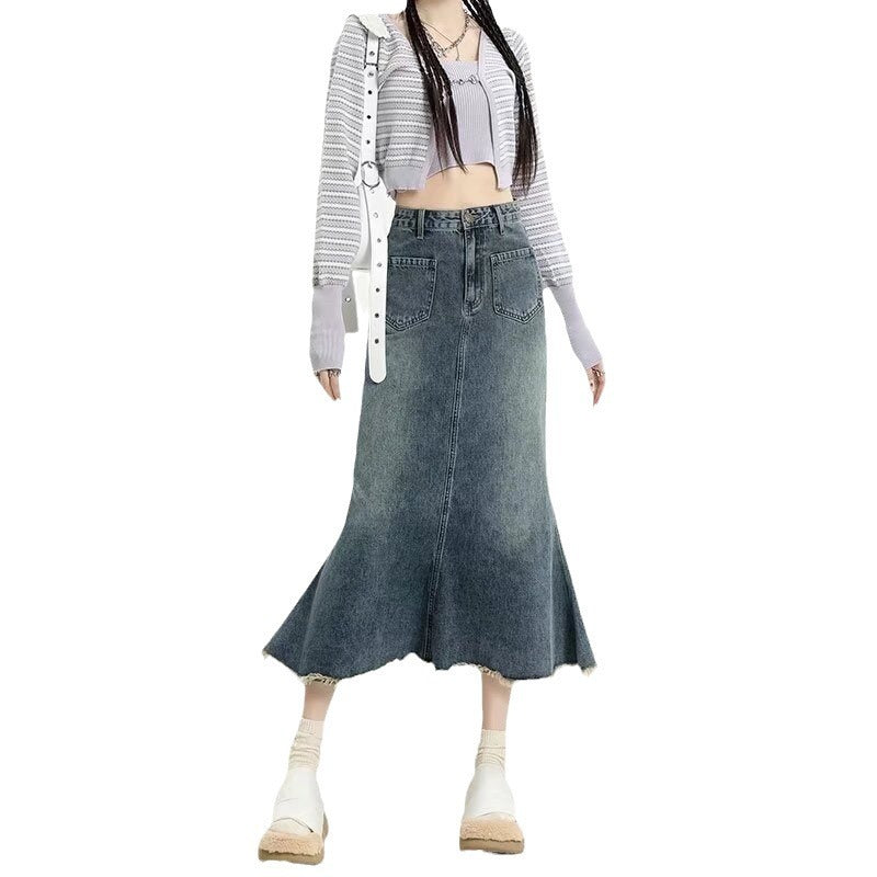 Women's Fashion Retro Raw Edge Denim Skirt