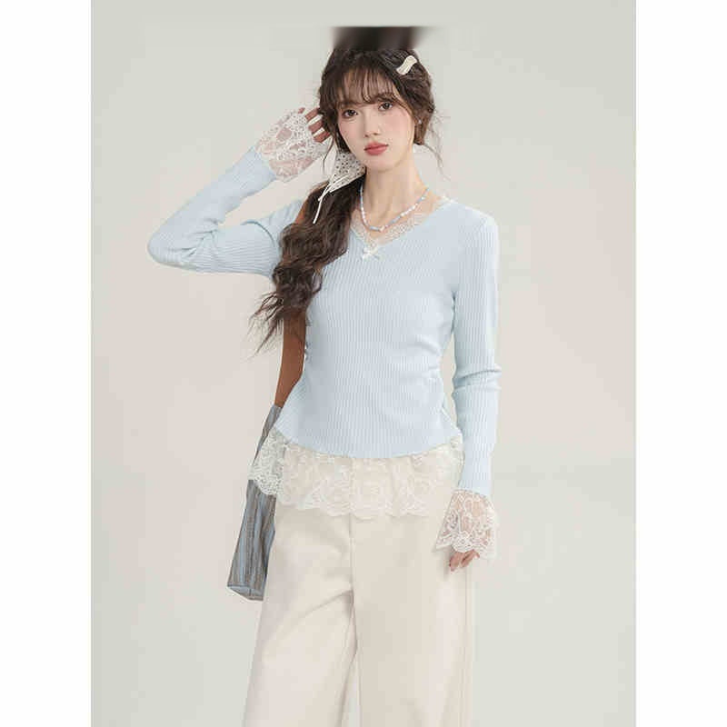 Fake Two Pieces V-neck Stitching Lace Lace Knitwear